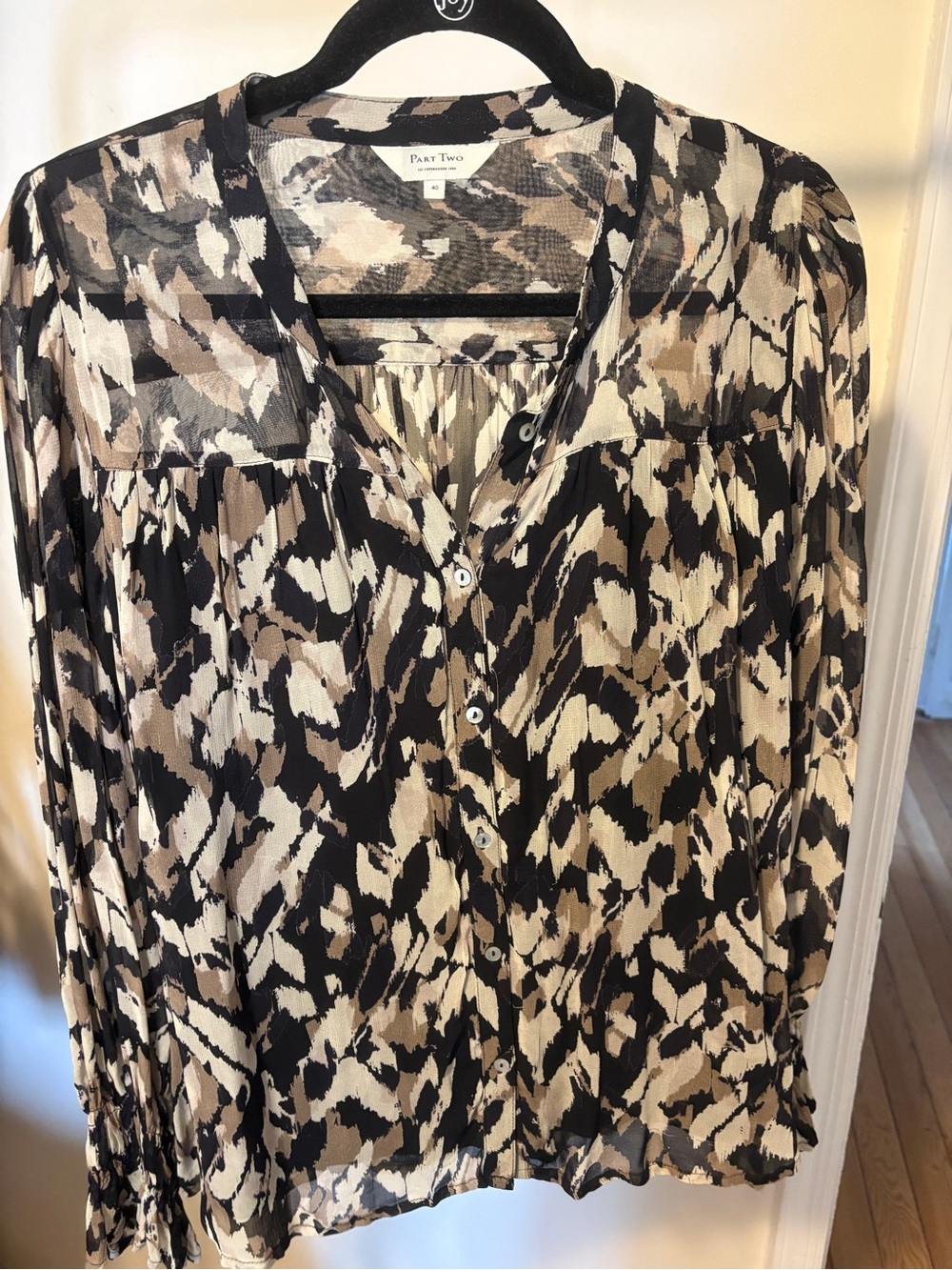 Part Two Women's Printed Button-Front Blouse in Black and Beige